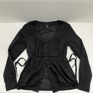 Victorian Gothic Lapis black long sleeve tie waist blouse with pleated front S